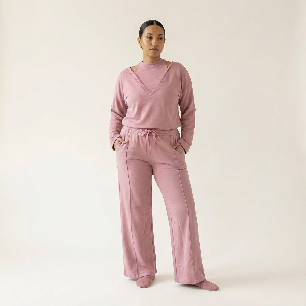 Person wearing a pink outfit on a plain background