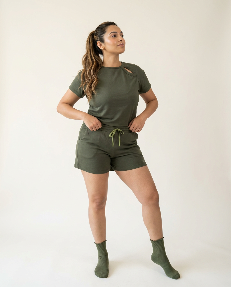 Woman wearing an olive green outfit with shorts and a t-shirt on a white background