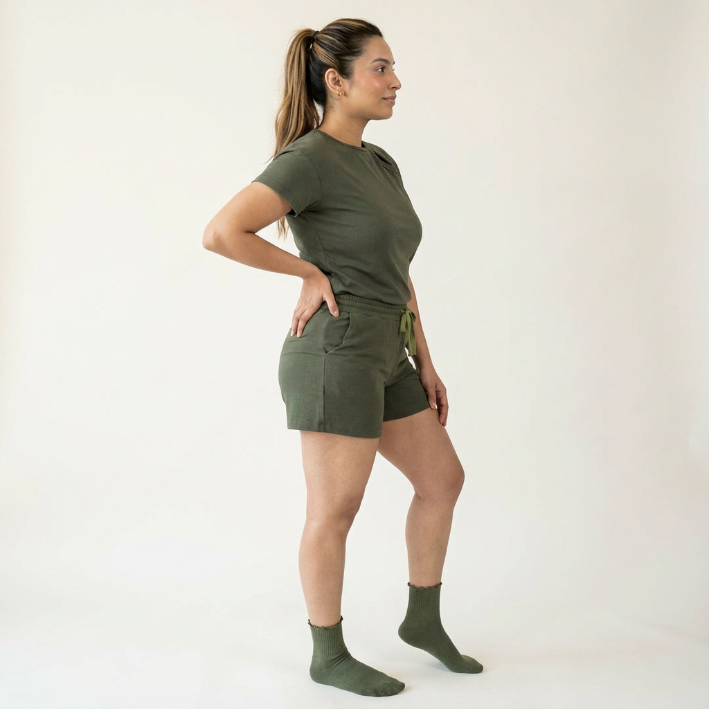 Woman wearing a green outfit standing against a white background