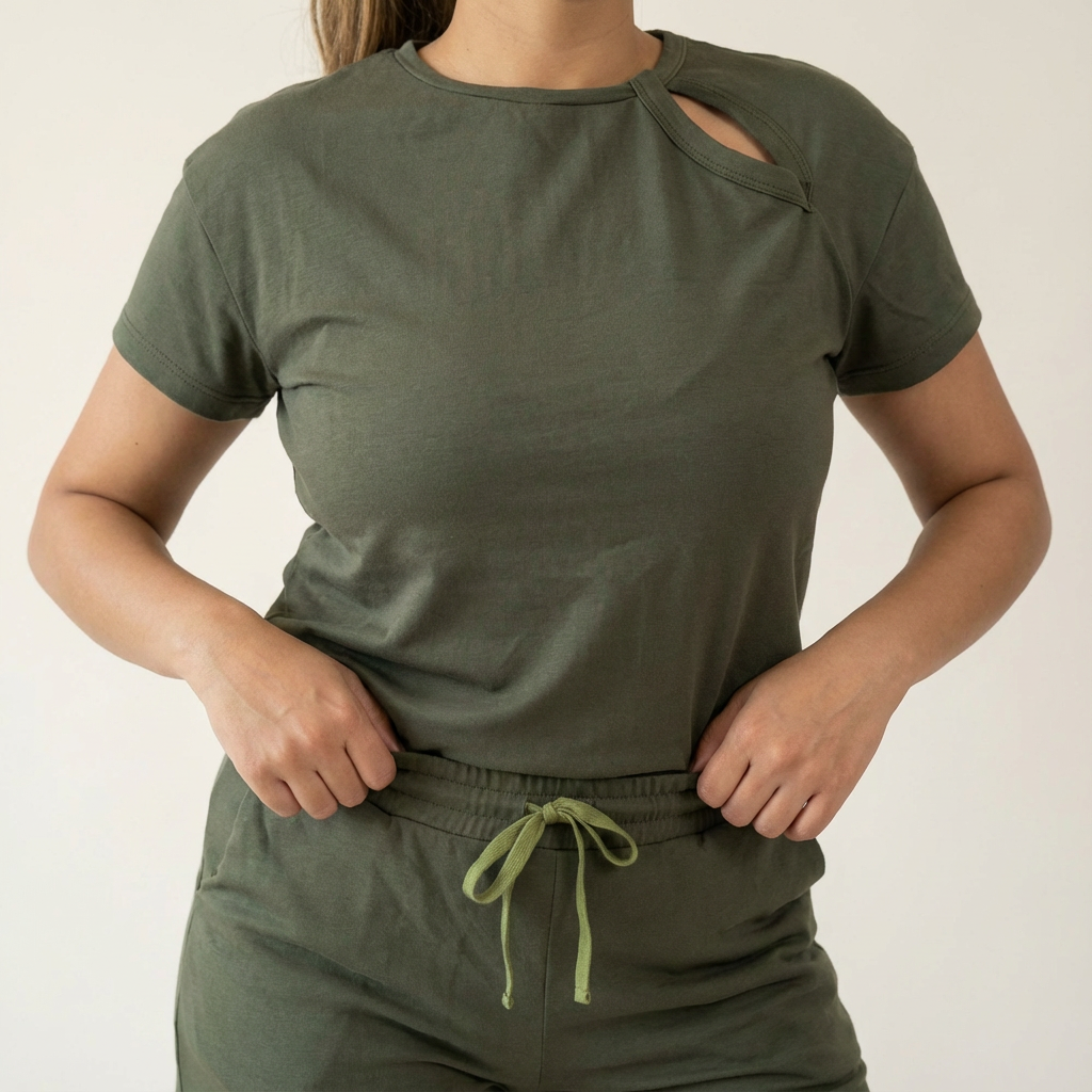 Person wearing an olive green two piece set with a cut-out design on a plain background